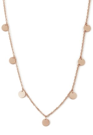 Collana in oro rosa con una delicata catena e sette pendenti circolari equidistanti, finitura lucida e un aspetto leggero.