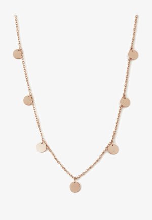 Roserødt halskjede med en delikat kjede og syv jevnt fordelte sirkulære anheng, polert finish og et lett utseende.