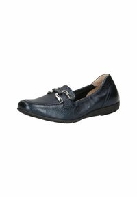 Mocassino in pelle blu navy con tomaia testurizzata, dettagli in metallo argentato e suola in gomma a profilo basso per comfort e stabilità.
