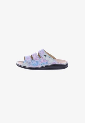 Slip-on sandal with three fabric straps, featuring a pastel watercolor pattern, a smooth leather footbed, and a black rubber sole.