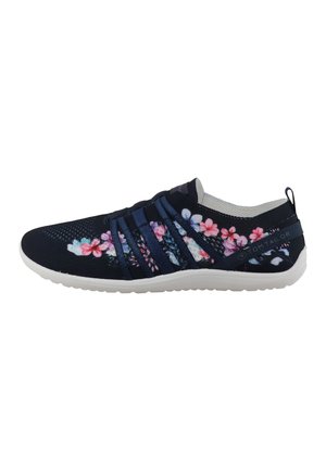 Zapatilla azul marino tipo slip-on con patrón floral, correas laterales elásticas, suela blanca y marca Tom Tailor en la lengüeta del talón.