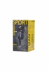 SAMBASPORT eau de toilette -pakkaus esittelee elinvoimaisen keltaisen suunnittelun, jossa on rohkeaa tekstiä, ja mustalla taustalla on kuva liikkeessä olevasta hahmosta. 100ml.