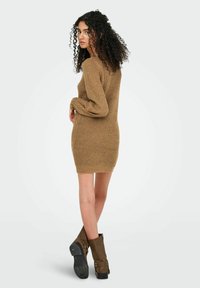 Robe pull en maille d'une teinte marron chaud, silhouette ajustée, avec des manches longues et une texture côtelée. Portée avec des bottines marron.