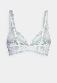 Bralette bianco in pizzo con bordi ondulati, spalline regolabili e chiusura con gancio e occhiello sul retro. Caratterizzato da dettagli in pizzo floreale sui coppe.