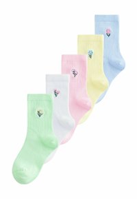 Cinq paires de chaussettes en coton côtelé dans des couleurs pastel : vert, blanc, rose, jaune et bleu, chacune ornée de broderies florales à la cheville.
