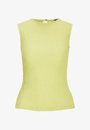 Šviesiai geltona berankovė palaidinė su tekstūruotu raštu, prigludusia forma ir surišimu kaklo gale.