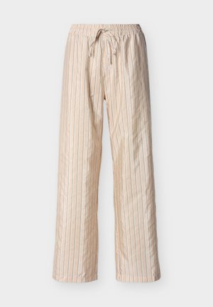 Pantaloni beige a righe con vita elasticizzata e coulisse. Il materiale sembra liscio con un design ampio e comodo a gamba larga. Righe verticali in colori a contrasto.