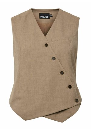 Ermeløs beige omslagsvest med V-hals, fem mørke knapper diagonalt, liten brystlomme med kant og asymmetrisk kant.