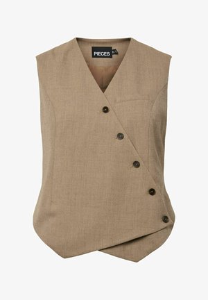 Ermeløs beige omslagsvest med V-hals, fem mørke knapper diagonalt, liten brystlomme med kant og asymmetrisk kant.