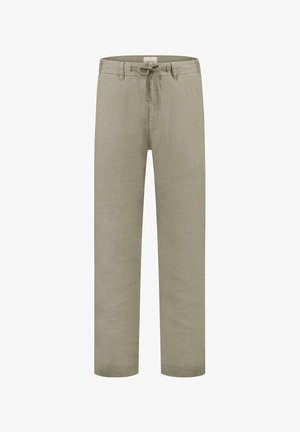 Pantaloni verde oliva chiaro realizzati in tessuto testurizzato, con vita regolabile, gambe dritte e senza tasche o dettagli visibili.