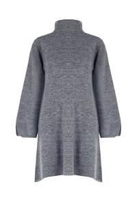 Abito a maglia grigia con collo alto e maniche lunghe, dalla forma leggermente svasata e con orli a costine. Realizzato in un tessuto morbido di peso medio.