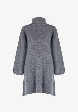 Abito a maglia grigia con collo alto e maniche lunghe, dalla forma leggermente svasata e con orli a costine. Realizzato in un tessuto morbido di peso medio.