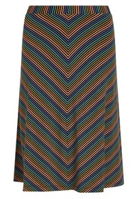 Vícebarevná sukně A-line s chevronovým vzorem ve námořnické modré, zelené, oranžové a žluté pruhy. Flexibilní látka s pohodlným pasem.