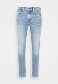 Lichtblauwe denim jeans met een rechte pijpdesign, subtiele vervaging, vijf zakken en een metalen knoopsluiting in de taille.