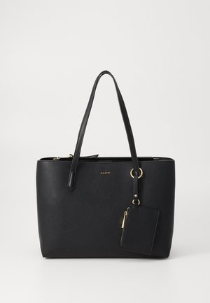 Črna sintetična torba z dvojno ročico, z zlatim okovjem, detajlom logotipa in odstranljivo pravokotno oznako. Gladka tekstura in stroga oblika.