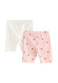 Kaksi paria puolipitkiä shortseja: yksi kokonaan valkoinen ja yksi vaaleanpunainen, jossa on hajallaan mansikkakuviota. Pehmeää puuvillamateriaalia, joustava vyötärö.