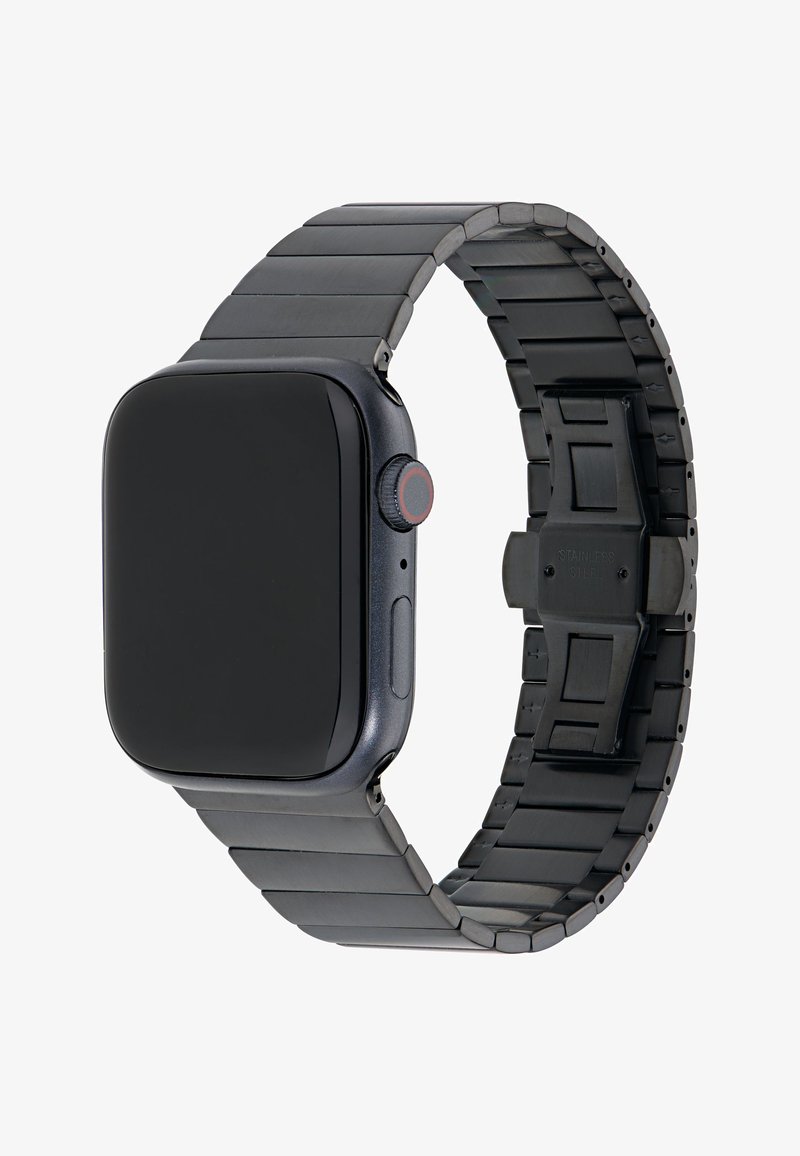 Czarny smartwatch z kwadratowym wyświetlaczem dotykowym, stalową bransoletą ogniwową, przyciskiem bocznym z czerwonym akcentem i polerowanym wykończeniem.