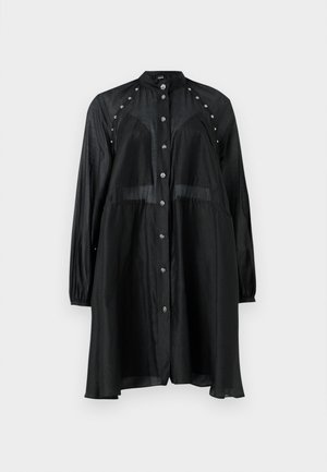 Zwarte blouse jurk, lange mouwen, transparante textuur, met zilveren studs langs de schouders, en een relaxte pasvorm met een ronde zoom.