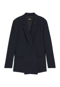 Navy pinstriped blazer with a tailored design, double-breasted closure, notched lapels, and two front pockets. Smooth fabric texture.