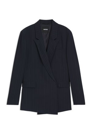 Marineblauer Blazer mit Nadelstreifen, maßgeschneidertem Design, doppelter Knopfleiste, Revers mit Kerbe und zwei Vordertaschen. Glatte Stoffstruktur.