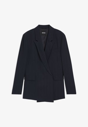 Tumesinise triibulise kujundusega pintsak, lõikega, kahehaavaline kinnis, sälguga kraed ja kaks esitaskut. Sile kangapind.