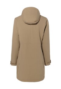 Cappotto lungo beige con cappuccio, maniche lunghe e cinturini sui polsini regolabili, mostrato da dietro su uno sfondo bianco.