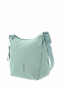 Sac à bandoulière vert clair texturé avec fermeture éclair, sangle réglable et détail logo. Fabriqué en matériau durable.