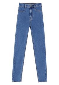 Jean skinny bleu taille haute avec poches avant, passants de ceinture et fermeture par bouton sur fond blanc.