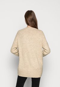 Beige strikket genser med løs passform, ribbestrikket kant og lange ermer. Teksturen ser myk og litt fuzzy ut. Bakvinkelen vises.