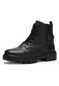 Black leather ankle boot with thick lug sole, lace-up front, side buckle strap, and pull tab at the back.