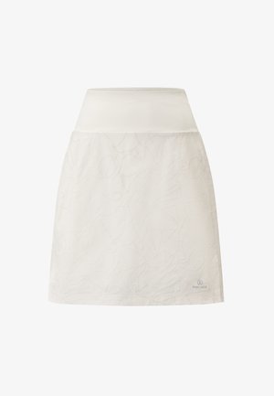 Biała spódnica z gładkim pasem, zdobiona teksturowanym wzorem wyhaftowanych linii na materiale. Logo w prawym dolnym rogu.