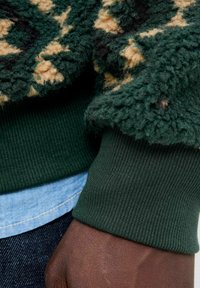 Pull vert flou avec un motif beige et noir, avec des poignets côtelés verts. Superposé sur une chemise bleu clair et un jean foncé.