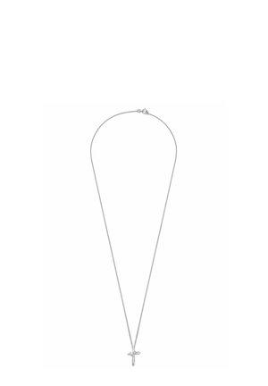 Silberne Halskette mit minimalistischen Design, bestehend aus einer dünnen Kette und einem kleinen Kreuzanhänger. Glatte Textur und schlanke Form.
