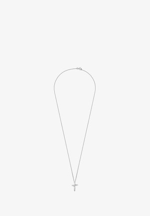 Silberne Halskette mit minimalistischen Design, bestehend aus einer dünnen Kette und einem kleinen Kreuzanhänger. Glatte Textur und schlanke Form.