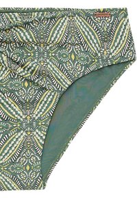 Zelené bikinové spodky s potlačou kvetov v bielej a žltej farbe, vyrobené z elastického materiálu s hladkou textúrou.