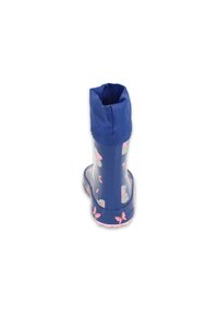 Botte de pluie imperméable bleu marine au design flexible. Présente des motifs de papillons roses et d'éléphants, une semelle texturée et un bord supérieur roulé.