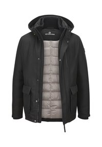 Schwarze Jacke mit einem Reißverschluss vorne, abnehmbarer Kapuze und zwei Fronttaschen. Das Innere verfügt über ein hellgraues, gestepptes Futter.