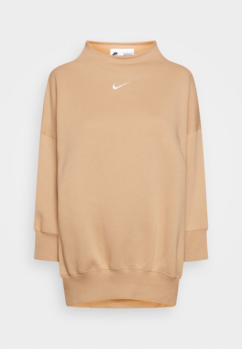 Felpa beige Nike con colletto alto, vestibilità ampia, maniche lunghe e polsini a costine. Presenta un logo bianco ricamato sul petto. Tessuto morbido.