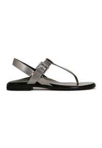 Gray leather thong sandal with a buckle strap, flat sole, and smooth texture; features minimalist design and sleek silhouette.