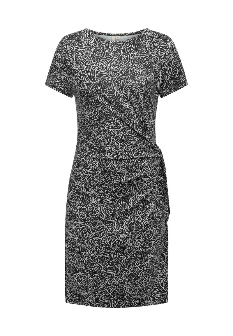 Kurzärmeliges Kleid mit schwarz-weißem Blumenmuster, Wickeldesign und gerafftem seitlichem Detail für eine figurbetonte Passform.