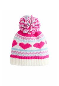 Stickad mössa med ett mönster av rosa och vita hjärtan, mjuk pompom på toppen och med en ribbad vit mudd. Tillverkad av ett varmt, strukturerat ullblandning.