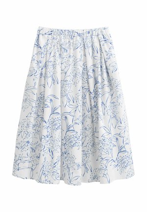 Weißer Midirock mit blauem floralen Linienmuster und elastischem Bund, plissierter Stoff für Volumen.