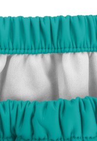 Elastischer Bund mit einer türkisfarbenen oberen Schicht und einem weißen, strukturierten Stoff darunter. Verfügt über ein gerafftes Design für Flexibilität und Komfort.