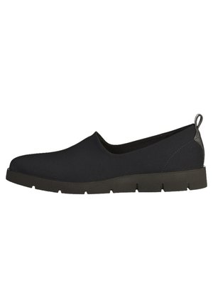Chaussure plate noire à enfiler avec une semelle épaisse et texturée et une languette au talon, conçue pour un port décontracté et confortable.
