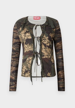 Camo-print long-sleeve top with a round neckline, drawstring front closure, fitted design, and contrasting textured sleeves.
