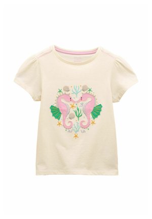Maglietta crema per toddler a maniche corte con ricamo di cavalluccio marino rosa, alghe verdi, stelle marine, conchiglie e coralli sul davanti.