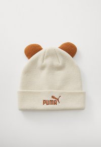 Cremfarbener Strickmütze mit braunen, ohrähnlichen Akzenten, ausgestattet mit einem umgeschlagenen Rand und einem gestickten "PUMA"-Logo in Rost.