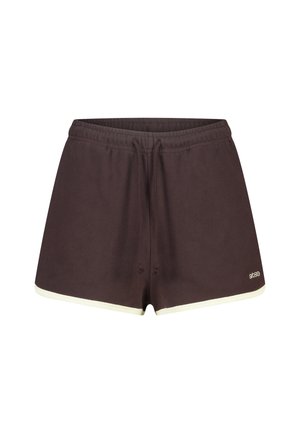 Bruine short van een katoenmix met een elastische tailleband, een trekkoord en een crèmekleurige bies aan de zoom. Voorzien van een logo aan de onderkant aan de rechterkant.