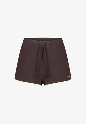 Bruine short van een katoenmix met een elastische tailleband, een trekkoord en een crèmekleurige bies aan de zoom. Voorzien van een logo aan de onderkant aan de rechterkant.