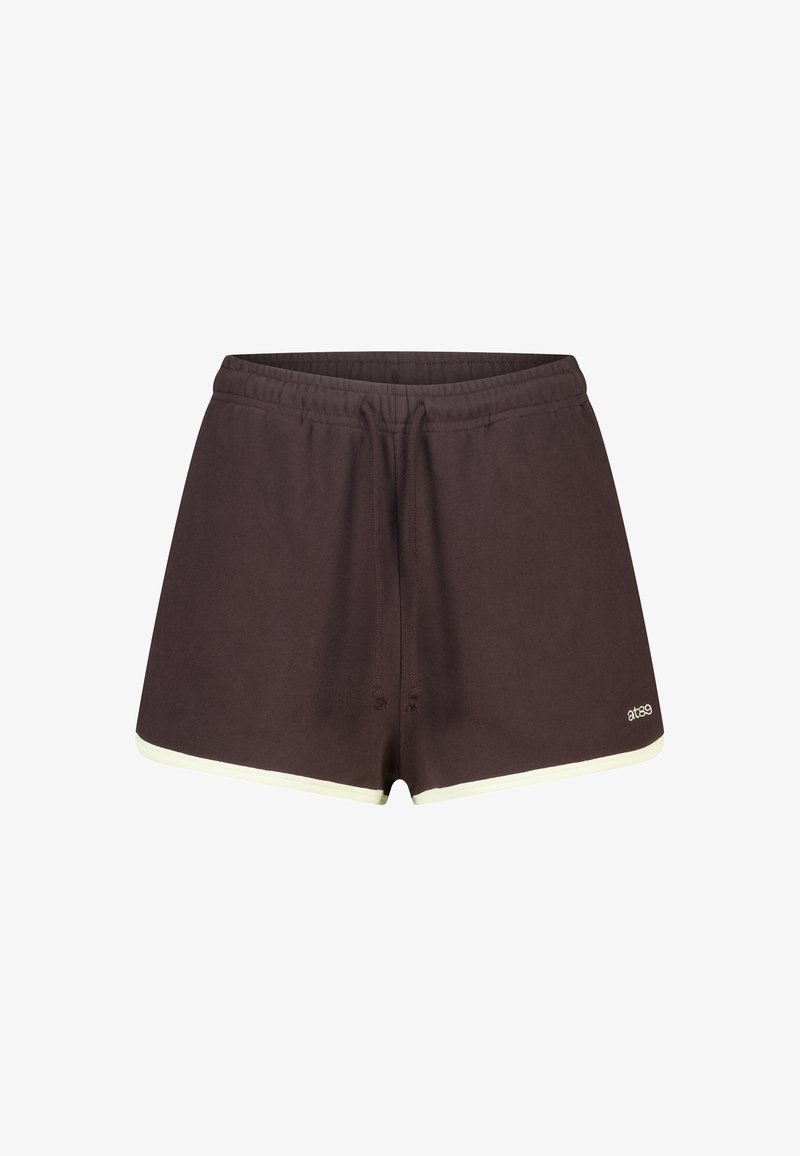 Pantalones cortos marrones de mezcla de algodón con cintura elástica, cordón y ribete de color crema en el dobladillo. Incluyen un logo en el lado inferior derecho.